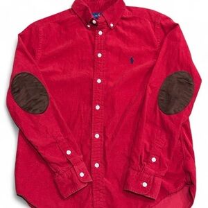 Kids Red Ralph Lauren button down Shirt with Brown Elbow Patches